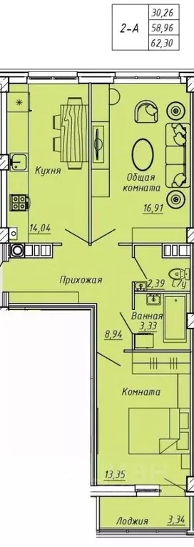 2-к кв. Ивановская область, Иваново Апрельская ул., 95 (62.3 м) - Фото 0