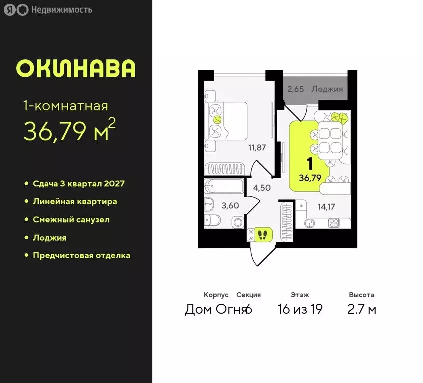 1-комнатная квартира: Тюмень, жилой комплекс Окинава (36.79 м) - Фото 0