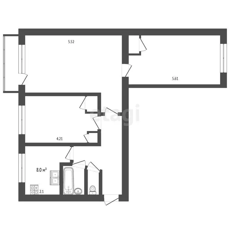 Квартира, 3 комнаты, 59.1 м - Фото 1