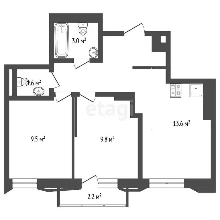 2-комнатная квартира: Тюмень, улица Судостроителей, 48 (45.6 м) - Фото 1