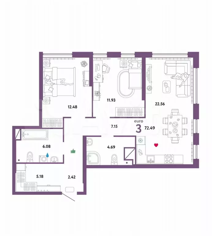 3-к. квартира, 72,5 м, 8/32 эт. - Фото 0