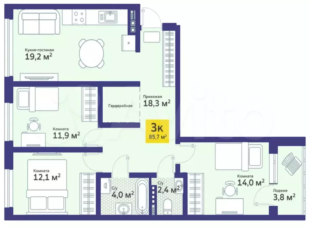 3-к. квартира, 85,7 м, 3/4 эт. - Фото 1