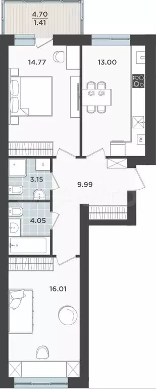 2-к. квартира, 62,4 м, 6/9 эт. - Фото 1