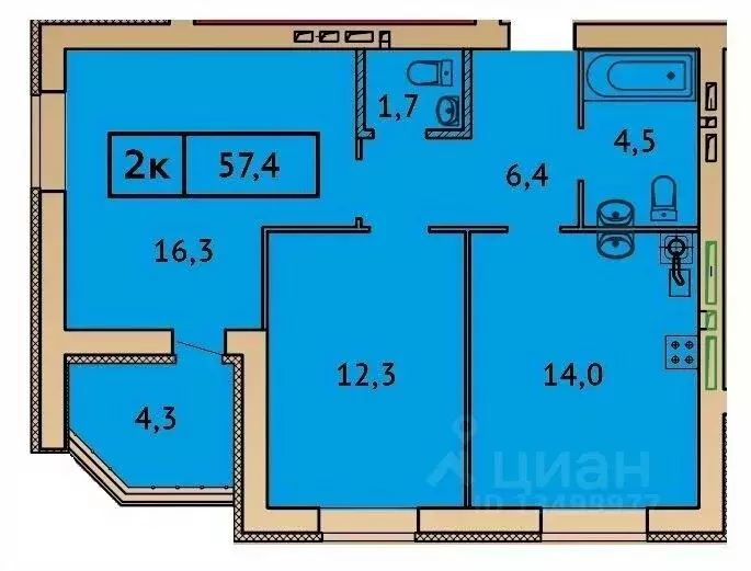 2-к кв. Ивановская область, Иваново Лыжная ул. (57.4 м) - Фото 0