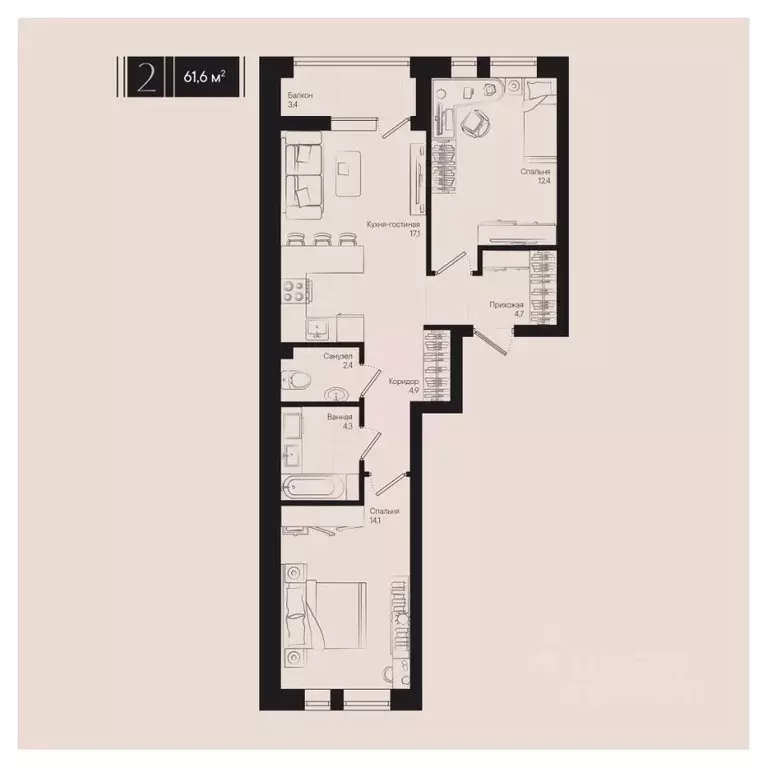 2-к кв. Краснодарский край, Краснодар ул. Им. Мурата Ахеджака, 20 ... - Фото 0