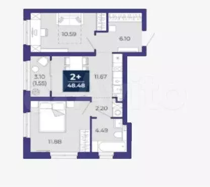 2-к. квартира, 48,5 м, 11/17 эт. - Фото 1