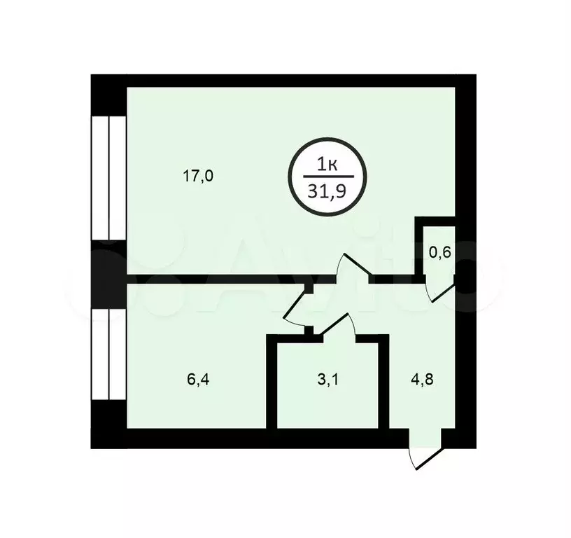 1-к. квартира, 31,9 м, 4/4 эт. - Фото 0