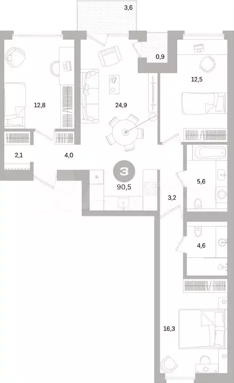 3-к. квартира, 91 м, 6/16 эт. - Фото 0