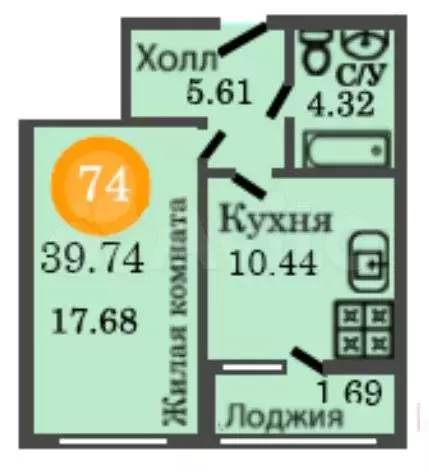 1-к. квартира, 39,7м, 4/12эт. - Фото 1