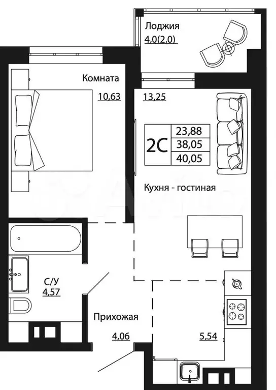 2-к. квартира, 39,9 м, 1/24 эт. - Фото 1