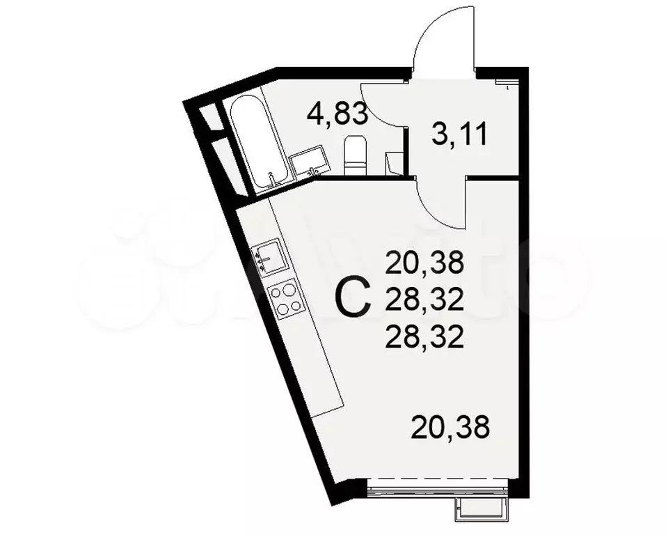 Квартира-студия, 28,3 м, 7/16 эт. - Фото 1