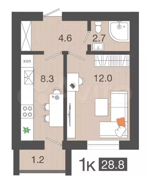 1-к. квартира, 28,8 м, 3/4 эт. - Фото 1