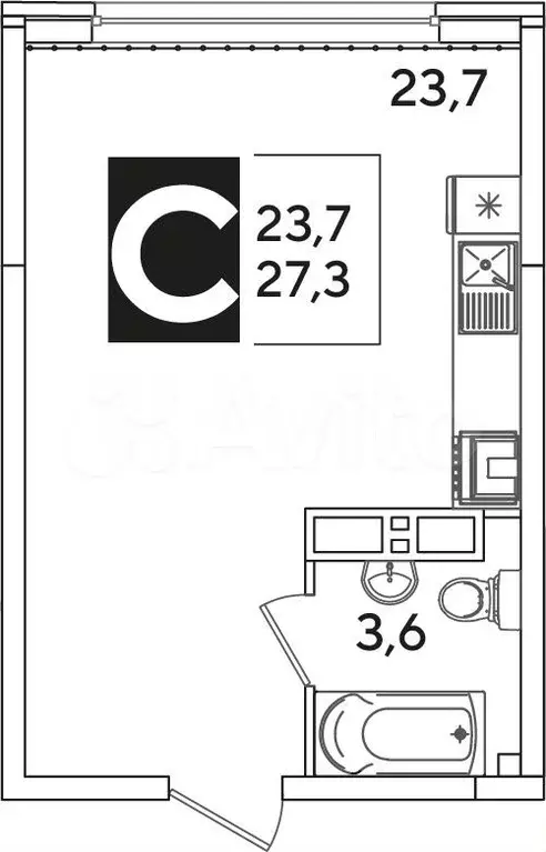 Квартира-студия, 27,3 м, 11/16 эт. - Фото 1