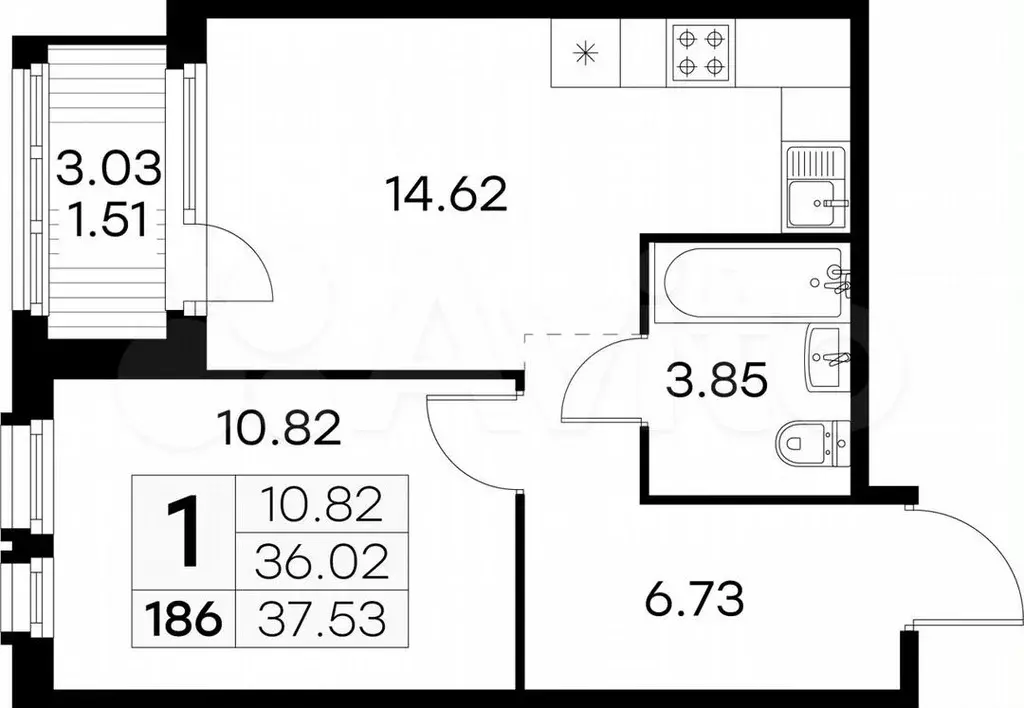 1-к. квартира, 37,5м, 6/15эт. - Фото 0