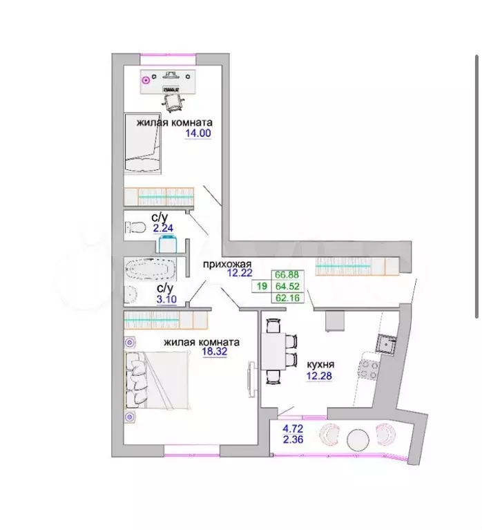 2-к. квартира, 65 м, 6/9 эт. - Фото 0