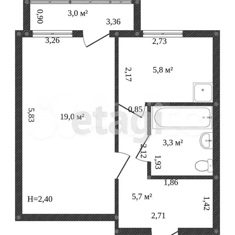 1-к. квартира, 30,4 м, 4/5 эт. - Фото 0