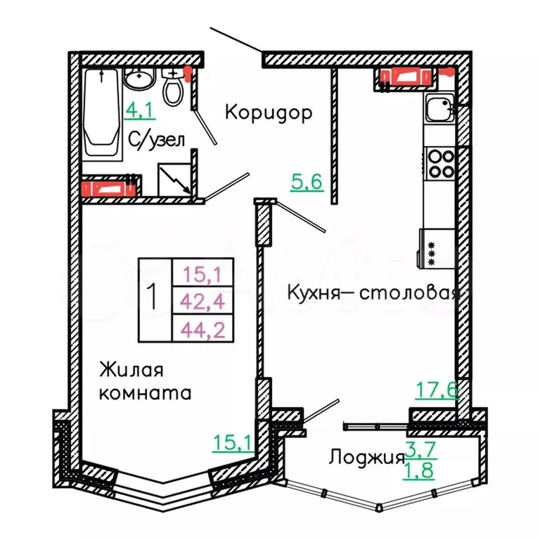 1-к. квартира, 44,2 м, 10/13 эт. - Фото 0