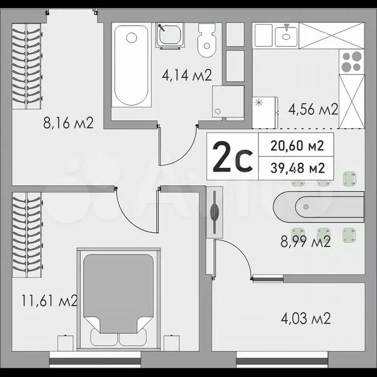 2-к. квартира, 39,5 м, 8/12 эт. - Фото 0