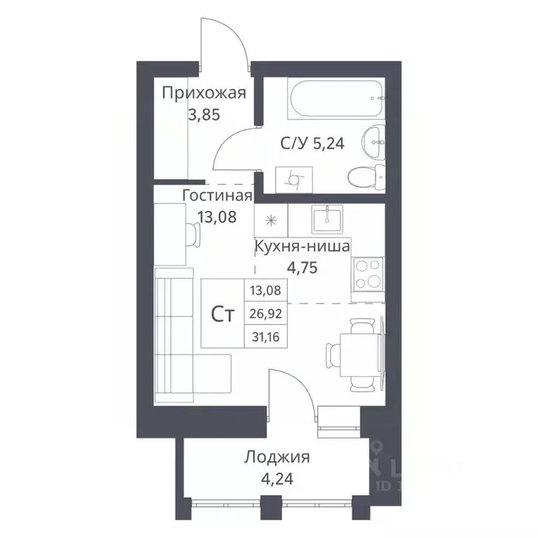 Студия Новосибирская область, Новосибирск Северный мкр,  (26.92 м) - Фото 0