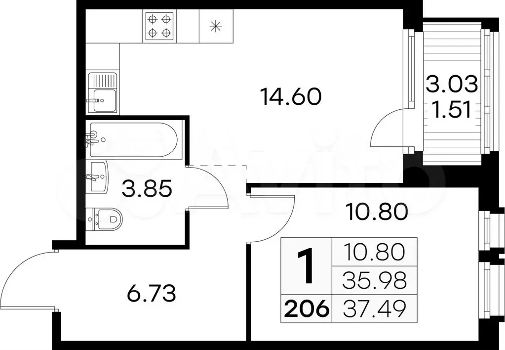 1-к. квартира, 37,5 м, 7/15 эт. - Фото 0