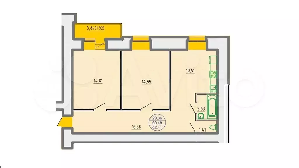 2-к. квартира, 62,4 м, 13/16 эт. - Фото 1