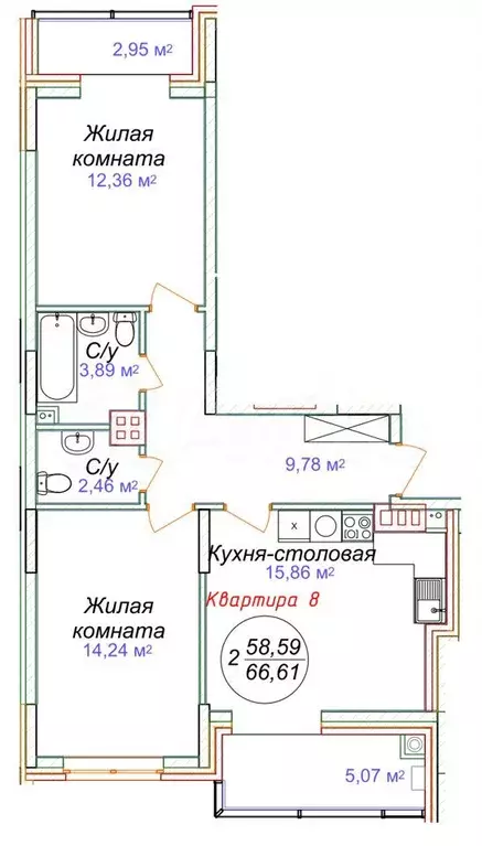 2-к. квартира, 66,6 м, 3/5 эт. - Фото 0