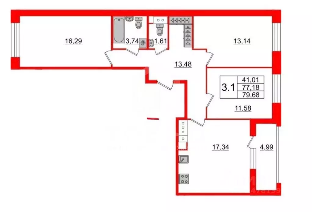 3-к кв. Санкт-Петербург Уральская ул., 25 (77.18 м) - Фото 1