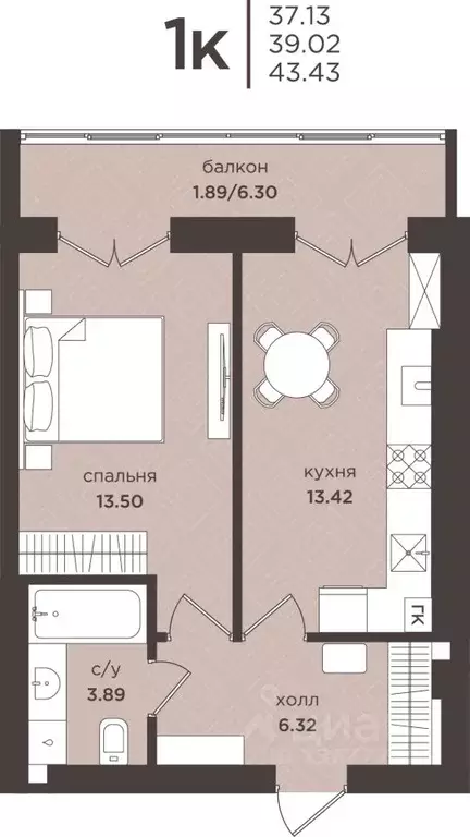 1-к кв. Калининградская область, Гурьевск  (39.02 м) - Фото 1