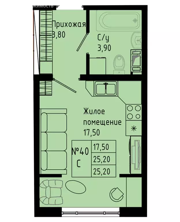 Квартира-студия: Коммунар, Железнодорожная улица, 41к2 (25.2 м) - Фото 1