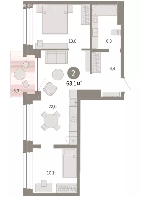2-комнатная квартира: Тюмень, улица Муравленко, 9/2 (63.08 м) - Фото 1
