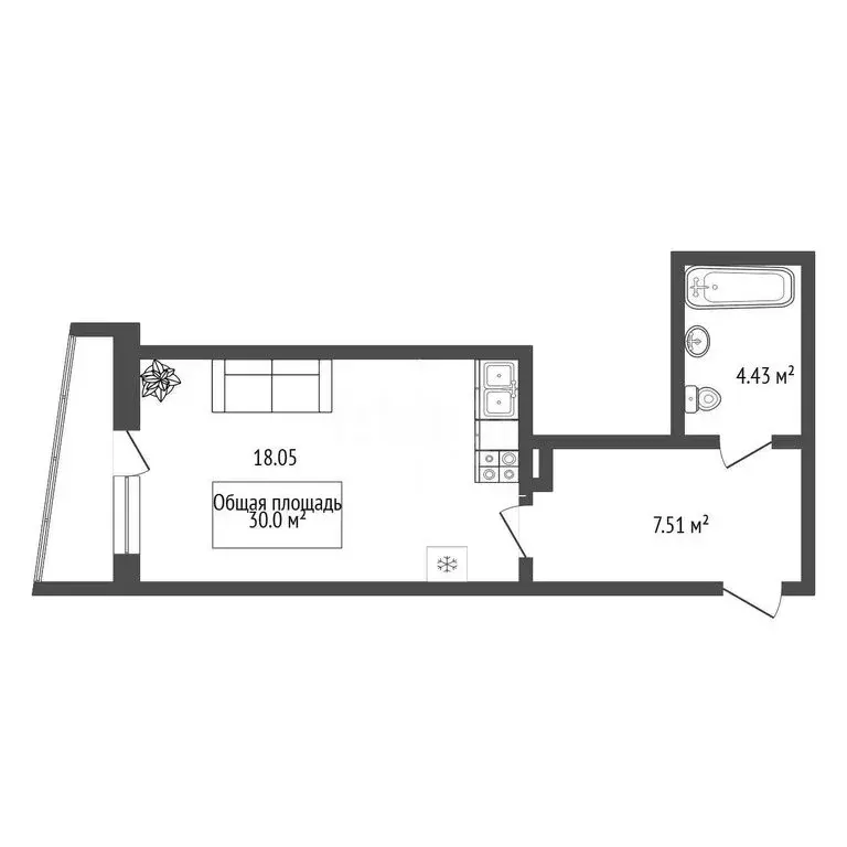 Квартира-студия: Новосибирск, улица Дуси Ковальчук, 378Б (30 м) - Фото 1