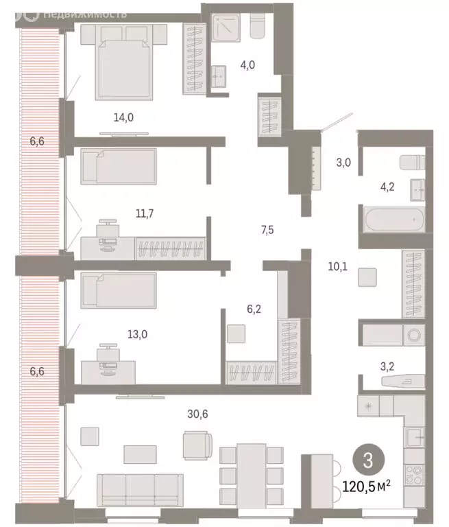3-комнатная квартира: Новосибирск, Большевистская улица, 66 (120.47 м) - Фото 2