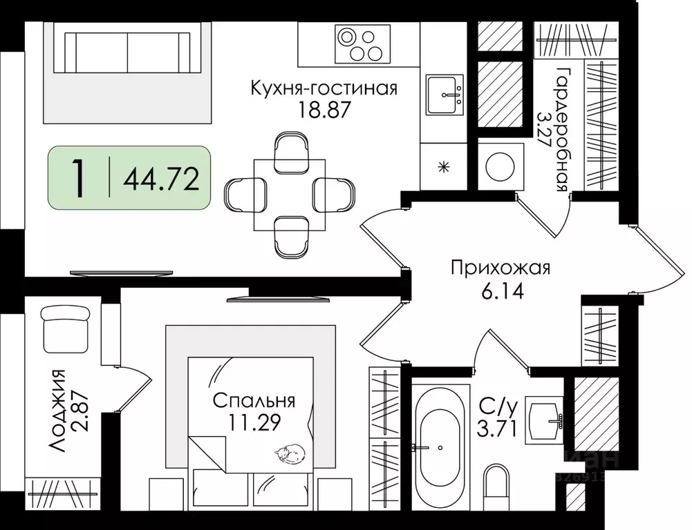 1-к кв. Тульская область, Тула Тор жилой комплекс (44.72 м) - Фото 0