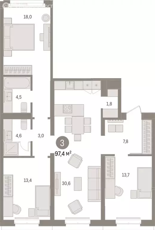 3-комнатная квартира: Тюмень, Холодильная улица, 65с2 (97.41 м) - Фото 0