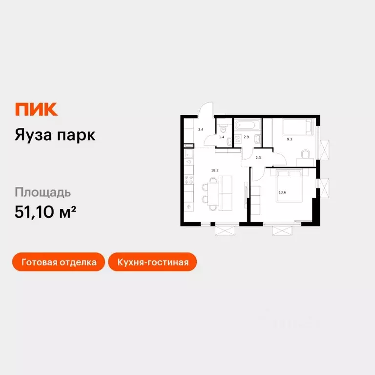 2-к кв. Московская область, Мытищи Яуза Парк жилой комплекс, к6 (51.1 ... - Фото 1