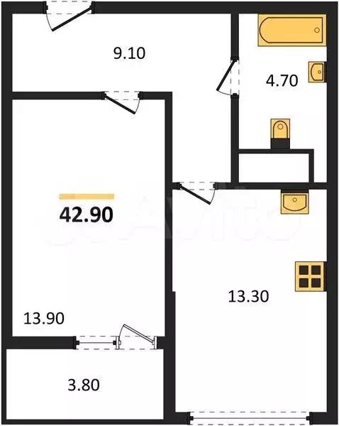 1-к. квартира, 42,9 м, 4/4 эт. - Фото 1