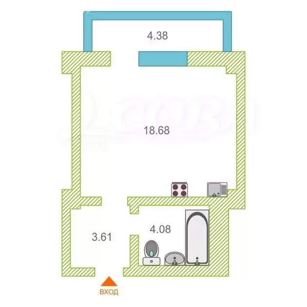 Квартира-студия: Тюмень, улица Константина Посьета, 8 (26.6 м) - Фото 1