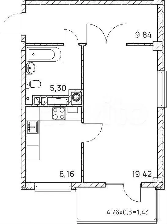 1-к. квартира, 42,7 м, 4/9 эт. - Фото 0