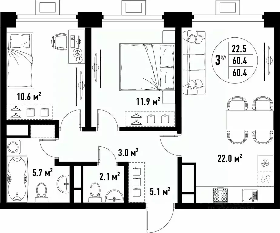 3-к кв. Астраханская область, Астрахань ул. Бэра, 29 (60.4 м) - Фото 1