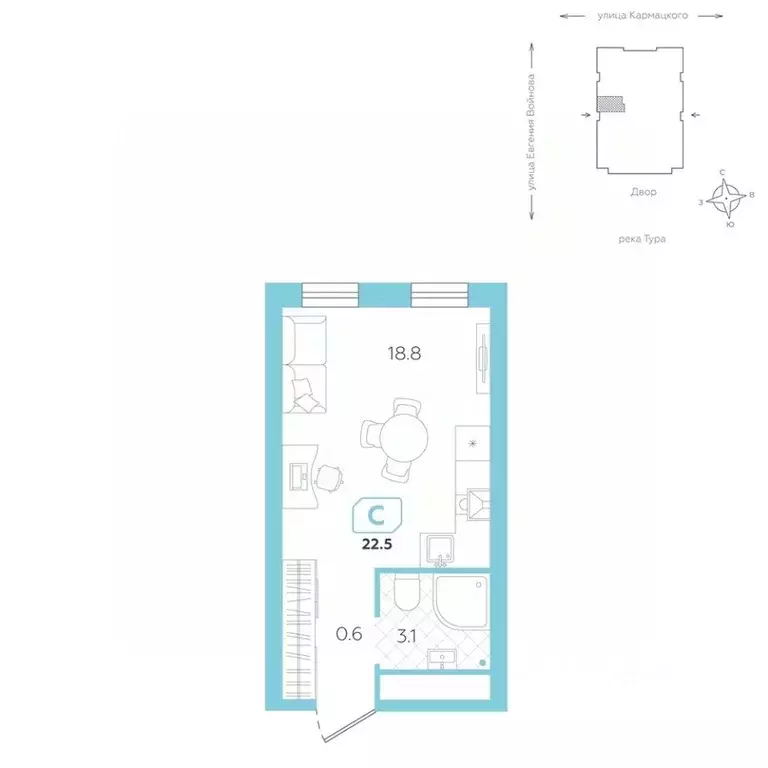 Студия Тюменская область, Тюмень ул. Евгения Войнова, 3 (22.5 м) - Фото 0