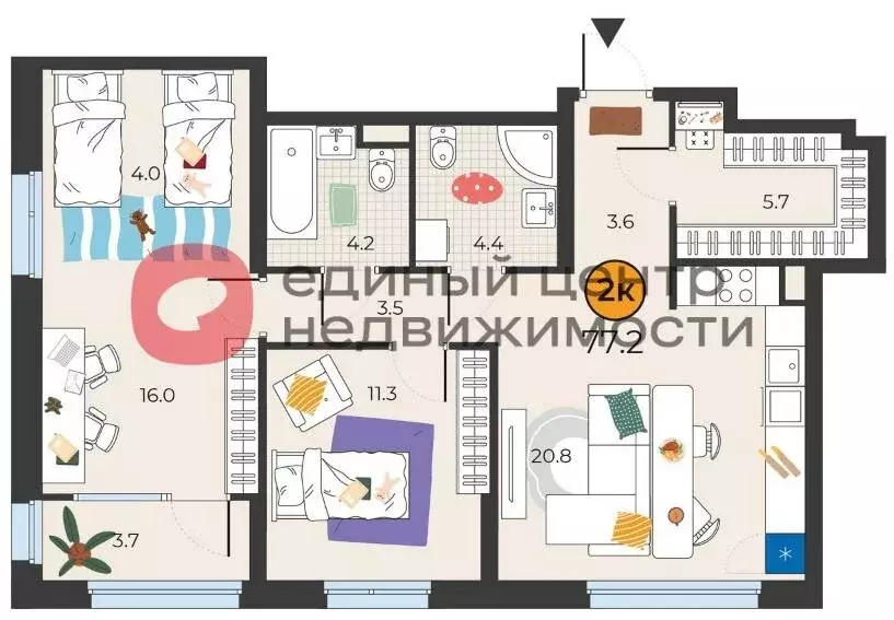 2-комнатная квартира: Тюмень, улица Эльвиры Федоровой, 1к1 (77.2 м) - Фото 0