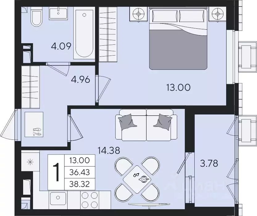 1-к кв. Краснодарский край, Краснодар  (38.32 м) - Фото 2