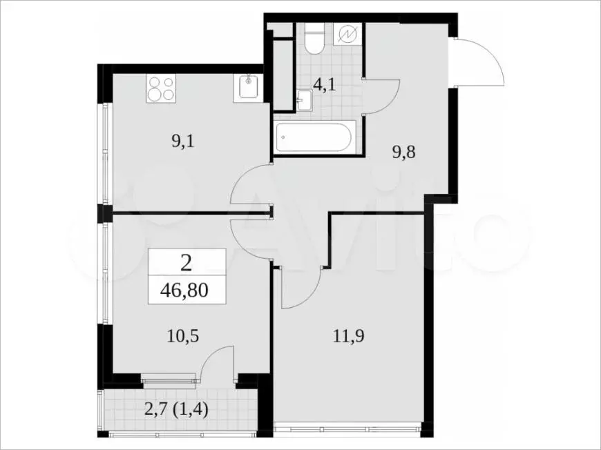 2-к. квартира, 46,8м, 28/30эт. - Фото 1