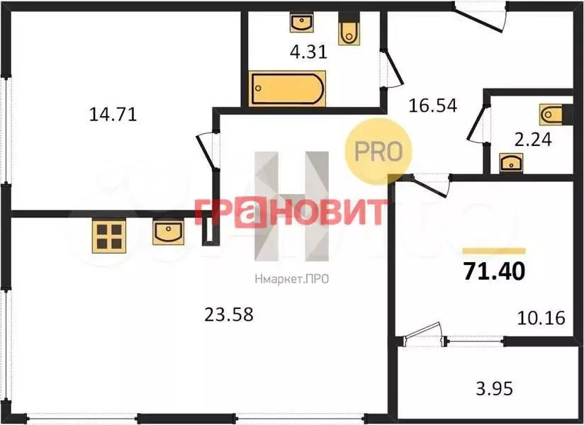2-к. квартира, 71,4 м, 4/29 эт. - Фото 0