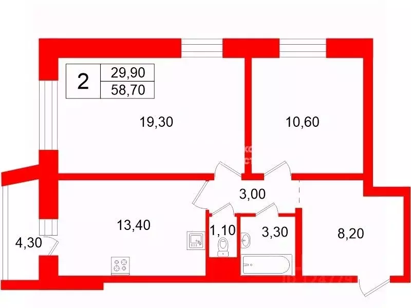 2-к кв. Санкт-Петербург просп. Кузнецова, 10к2 (58.7 м) - Фото 2