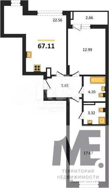 2-к. квартира, 67,1 м, 7/9 эт. - Фото 0