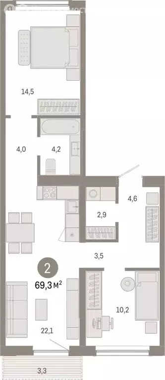 2-комнатная квартира: Новосибирск, Большевистская улица, с49 (69.28 м) - Фото 1