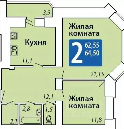 2-к кв. Чувашия, Чебоксары ул. Мирона Ефимовича Ефимова, 1 (64.5 м) - Фото 1