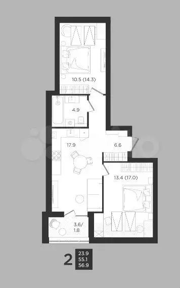 2-к. квартира, 55,1 м, 4/4 эт. - Фото 1