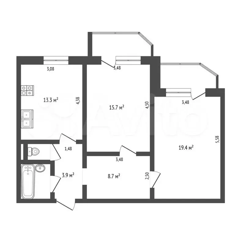 2-к. квартира, 64,7 м, 2/9 эт. - Фото 0